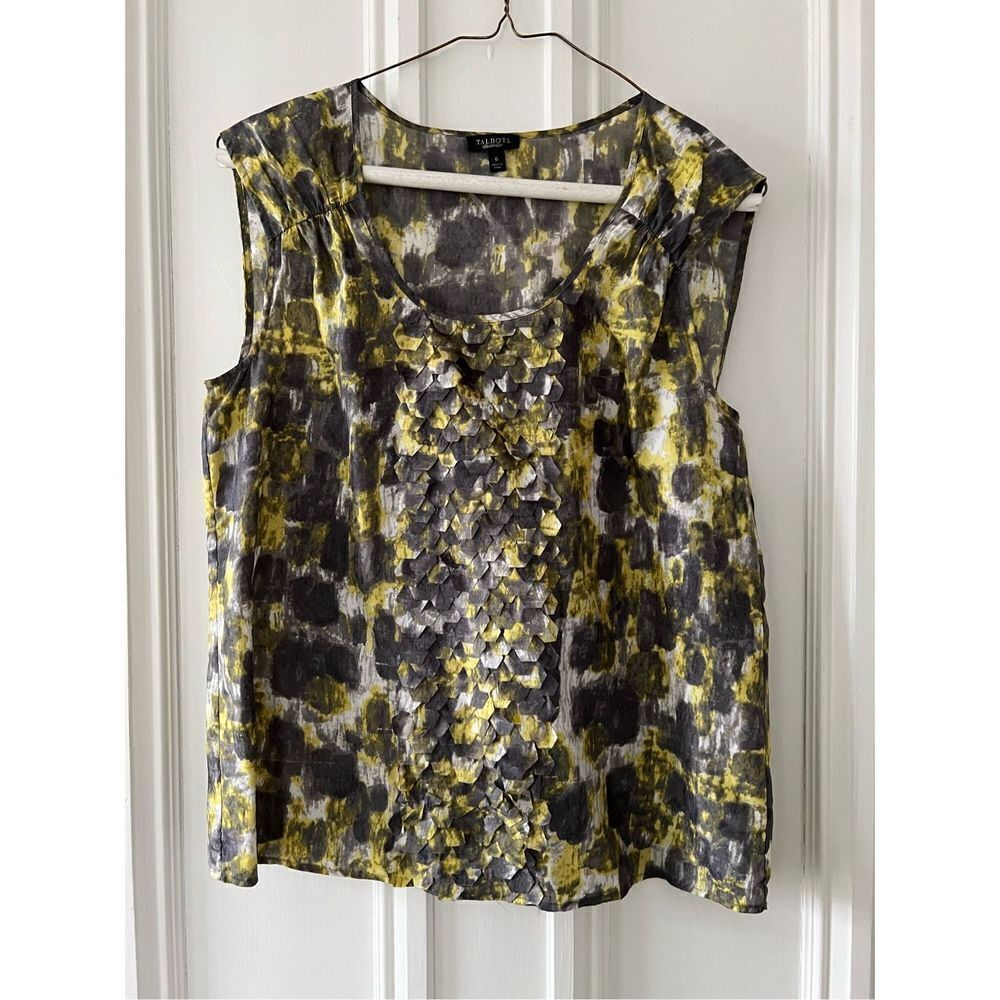 Talbots gray yellow and off-white scalloped silk tank 6